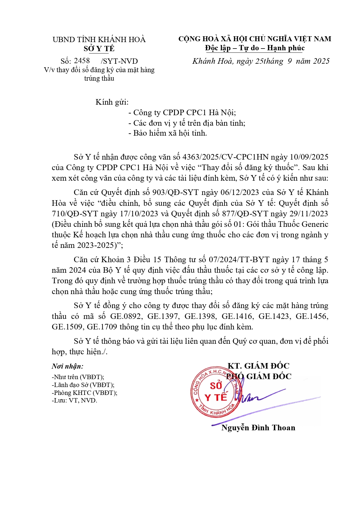 V/v thay đổi số đăng ký của mặt hàng trúng thầu